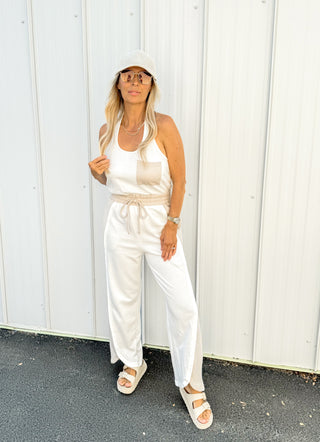 Annabelle Halter Jumpsuit ~ White and Seashell