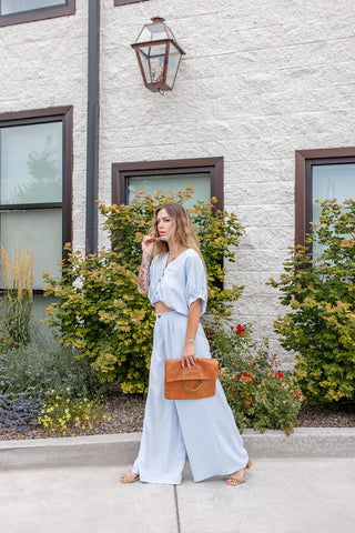 Charmer button front cropped top ~ Ice blue