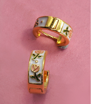 Vintage Cloisonne Floral Huggie Hoop Earrings