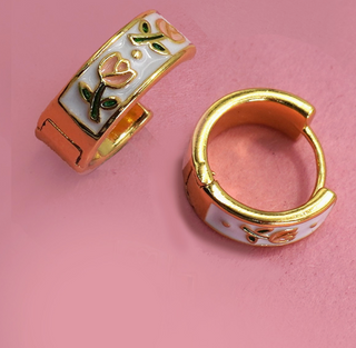 Vintage Cloisonne Floral Huggie Hoop Earrings