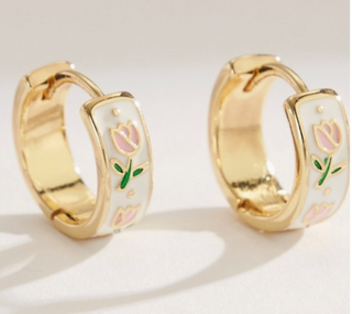 Vintage Cloisonne Floral Huggie Hoop Earrings