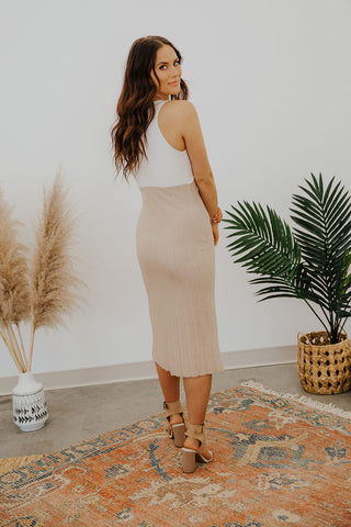 Sienna Ribbed Midi-Dress~ Tan/White