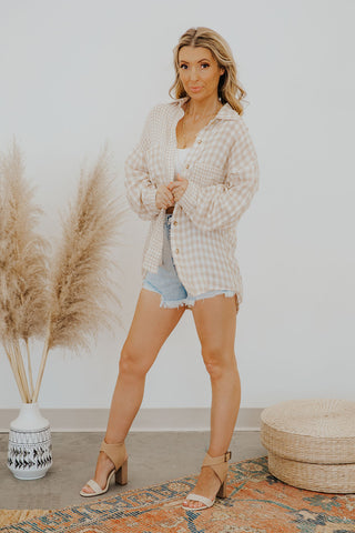 WAVERLY CHECKERED GINGHAM LONG SLEEVE BLOUSE - TAUPE