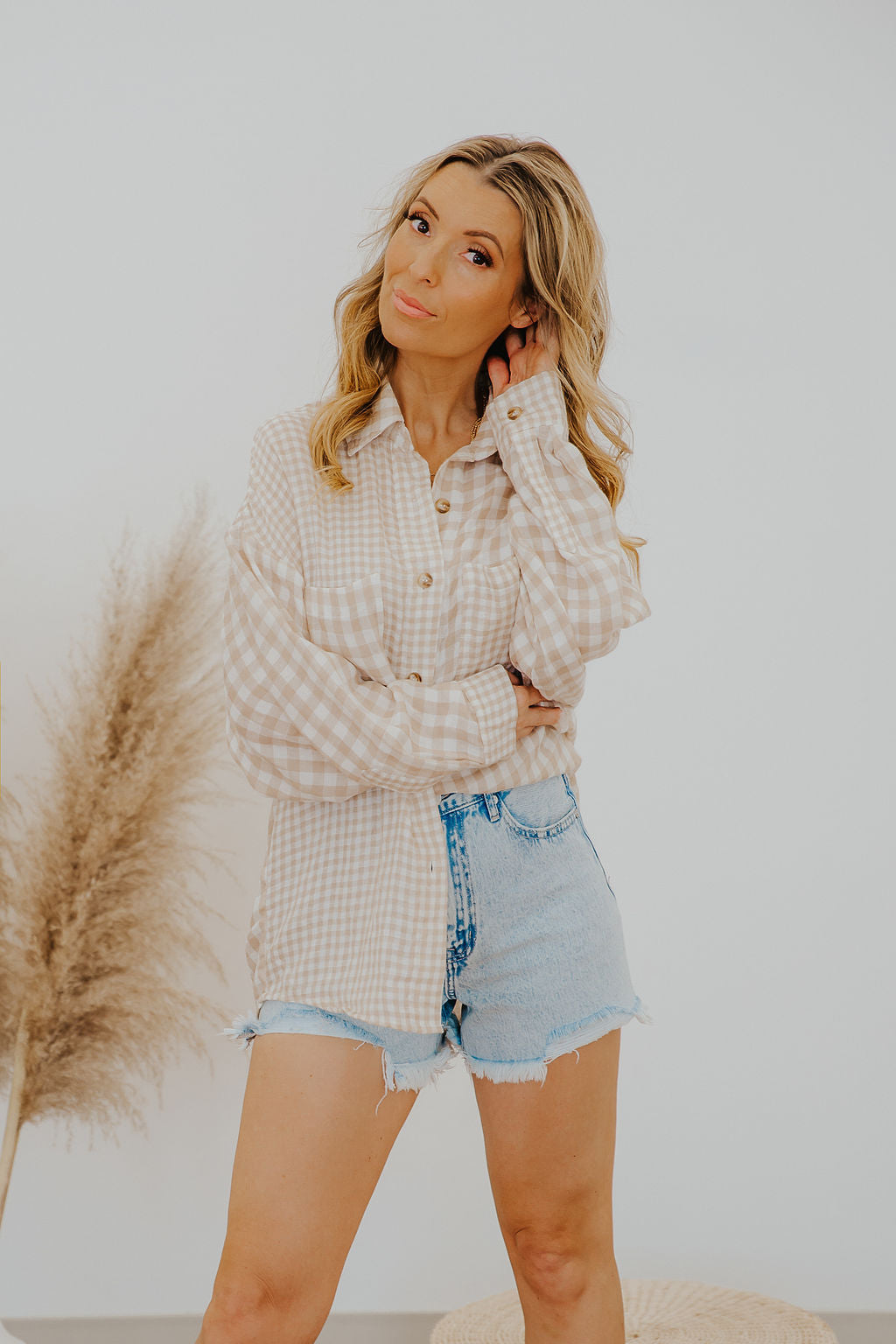 WAVERLY CHECKERED GINGHAM LONG SLEEVE BLOUSE - TAUPE