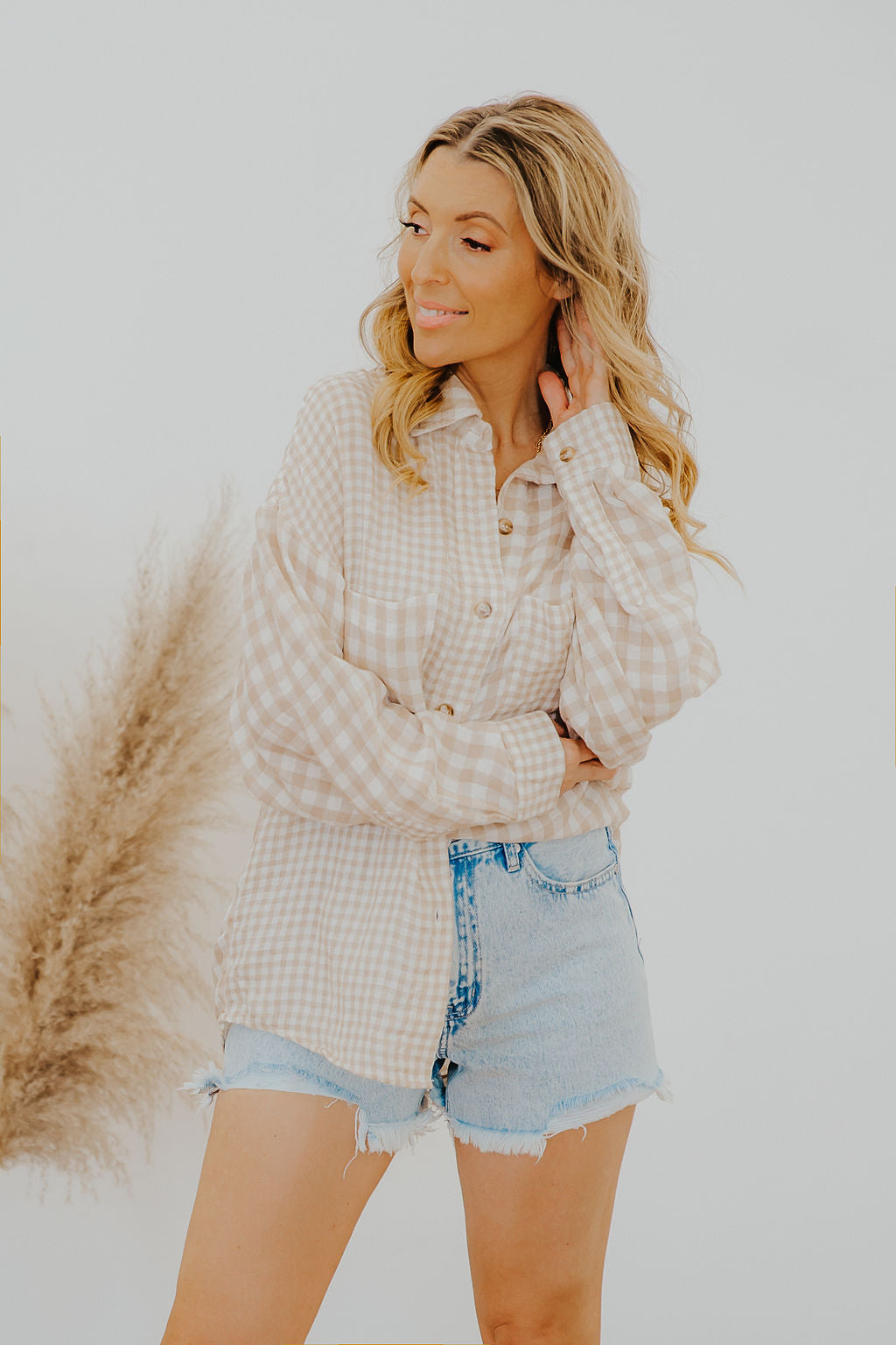 WAVERLY CHECKERED GINGHAM LONG SLEEVE BLOUSE - TAUPE