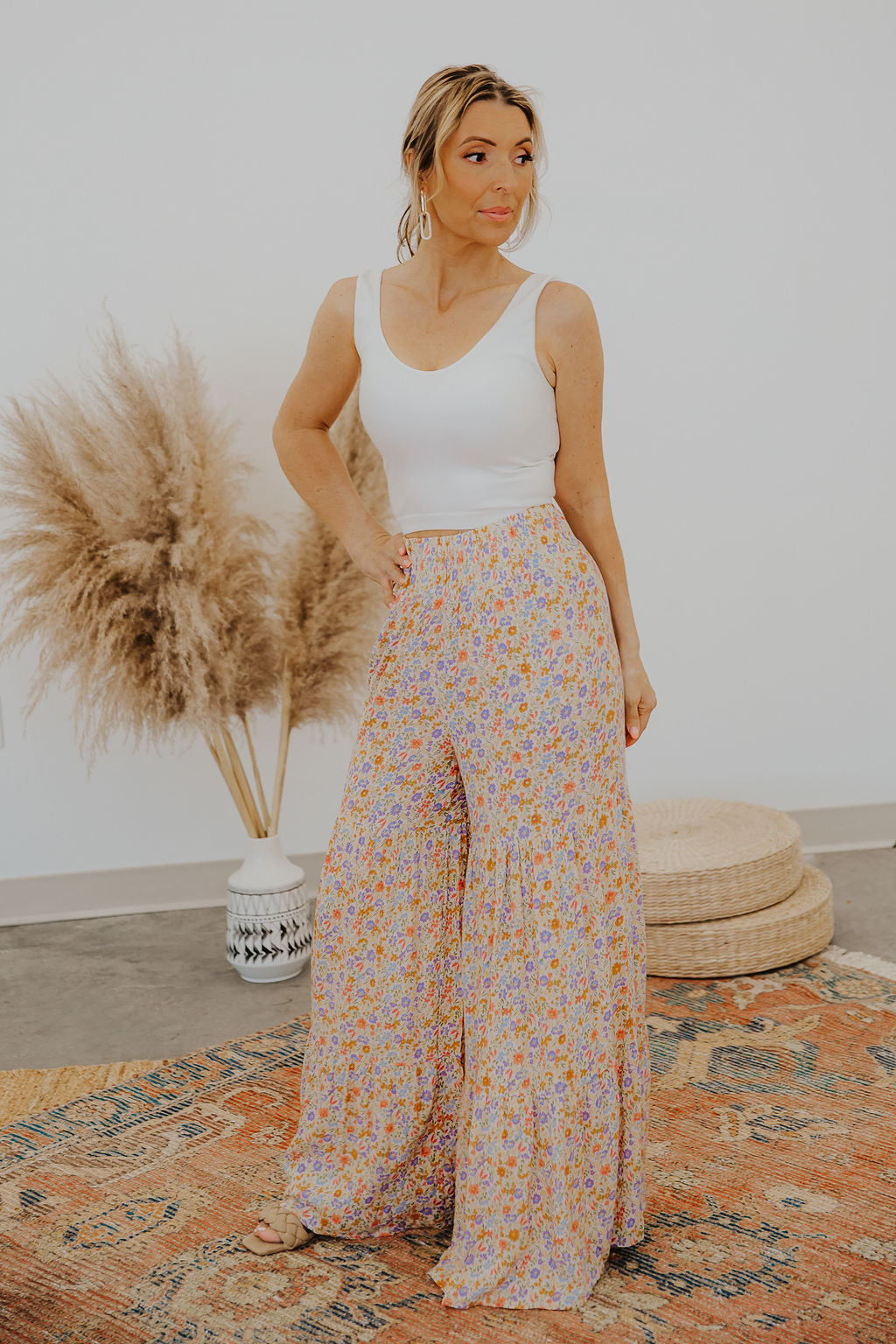 FLORAL WIDE LEG PALAZZO PANTS W/ WIDE ELASTIC WAISTBAND