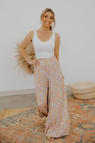 FLORAL WIDE LEG PALAZZO PANTS W/ WIDE ELASTIC WAISTBAND