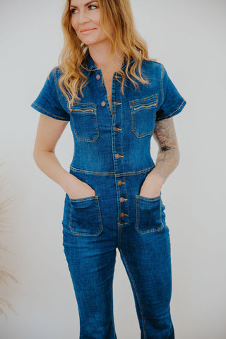 HARPER FLARED DENIM JUMPSUIT - DARK WASH