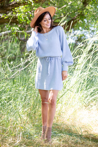 WREN BALLOON SLEEVE SWEATER DRESS ~ SKY