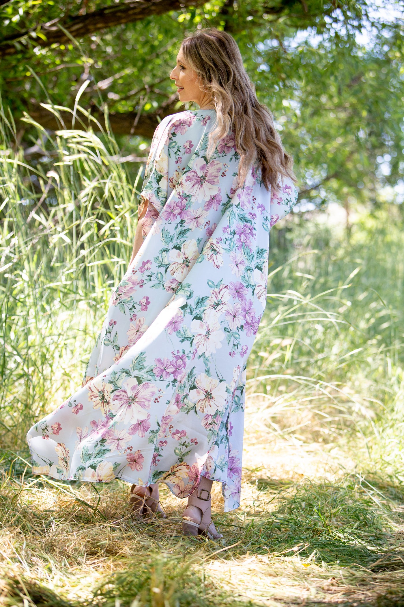 WHIMSY FLORAL SATIN LONG CARDIGAN