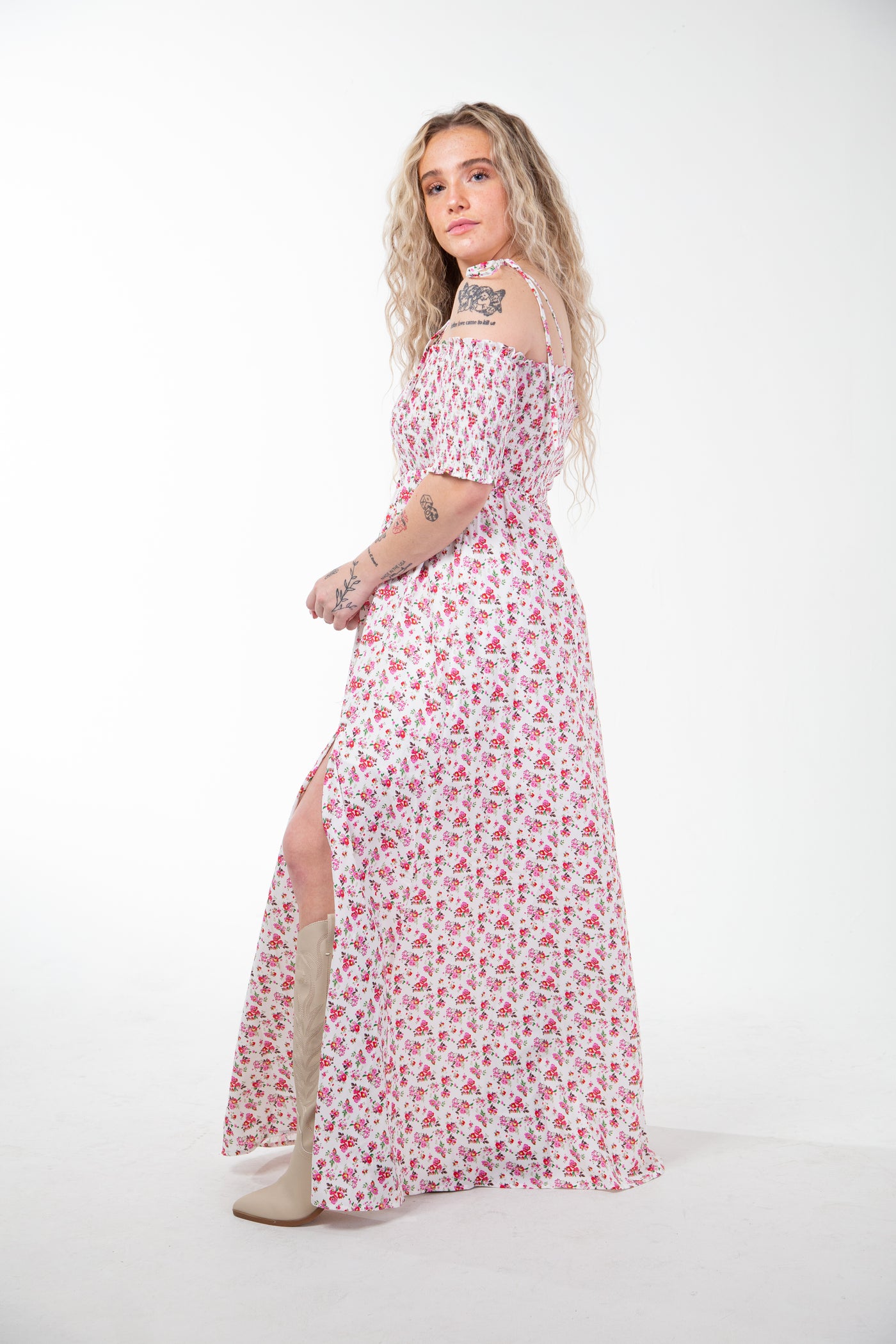 MILLIE OFF THE SHOULDER FLORAL DRESS W/ SLIT