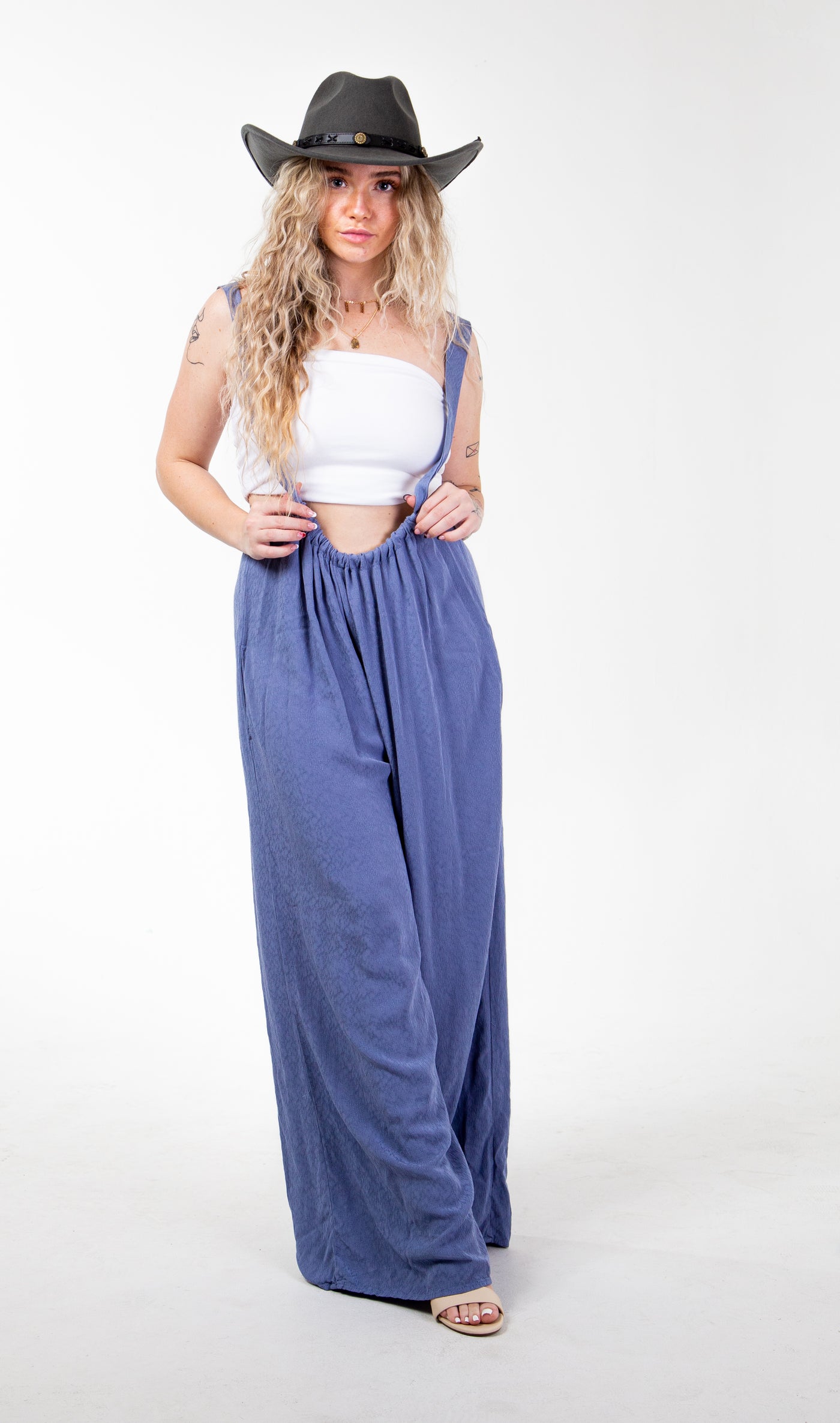 Talullah Wide Leg Solid Textured Knit Suspender Pants ~ Dusty Blue