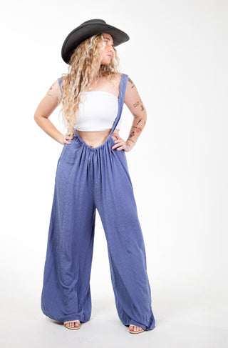 Talullah Wide Leg Solid Textured Knit Suspender Pants ~ Dusty Blue