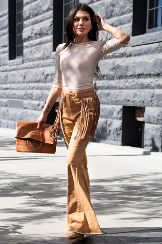 DOLLY FRINGE FLARED JEANS ~ TAN