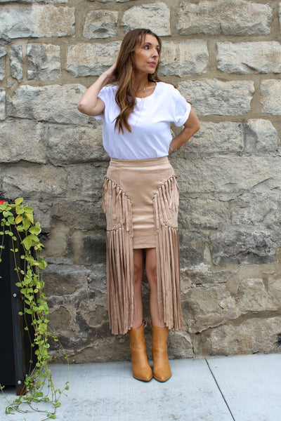 CAN'T GET ENOUGH SUEDE FRINGE SKIRT